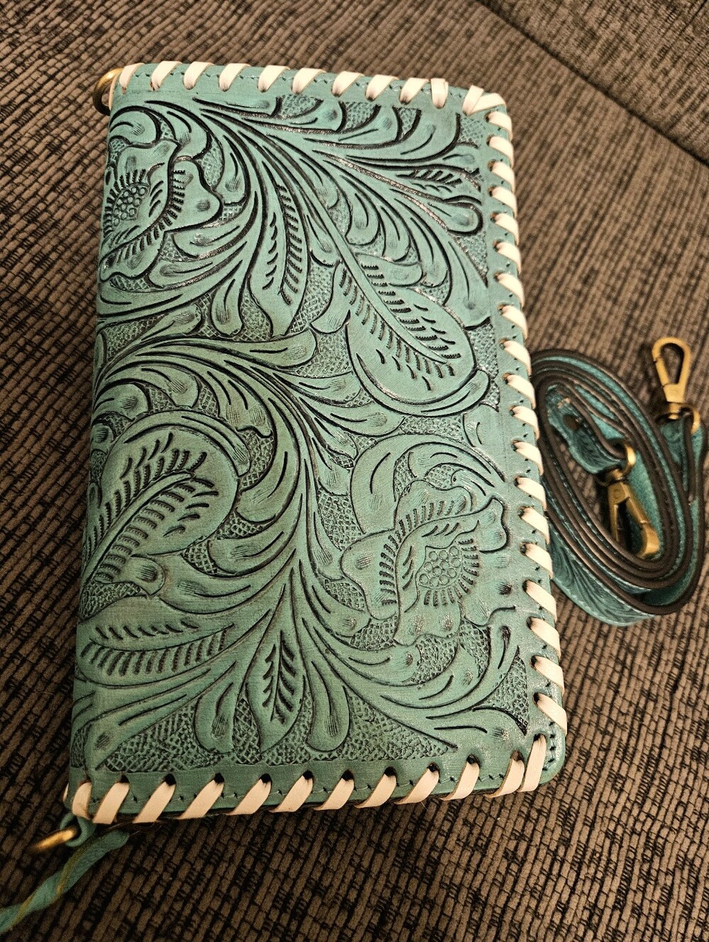 Turquoise Tooled Leather Crossbody Wallet - Women's Wristlet